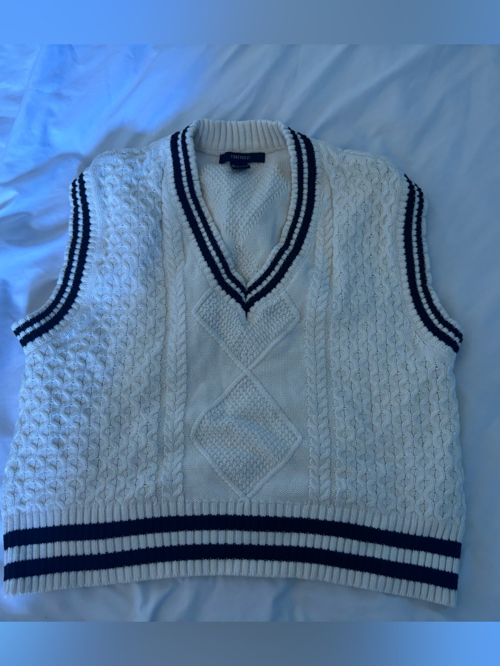 Forever 21 White Cable Knit V-Neck Sweater Vest with Navy Trim
